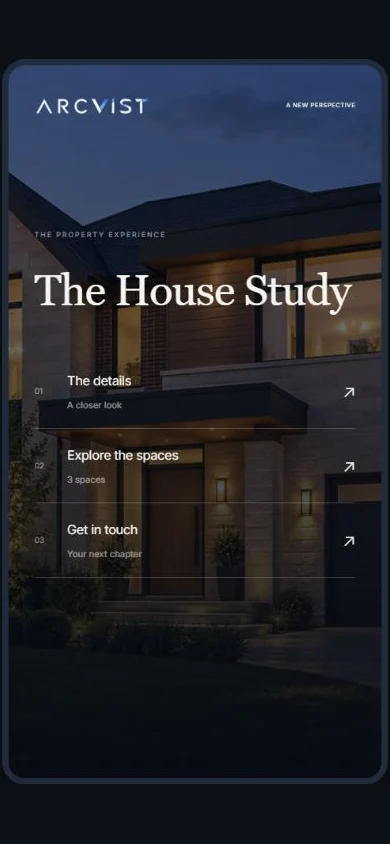 The House Study actual Arcvist Cinematic menu on a phone with a fictional illustrated exterior