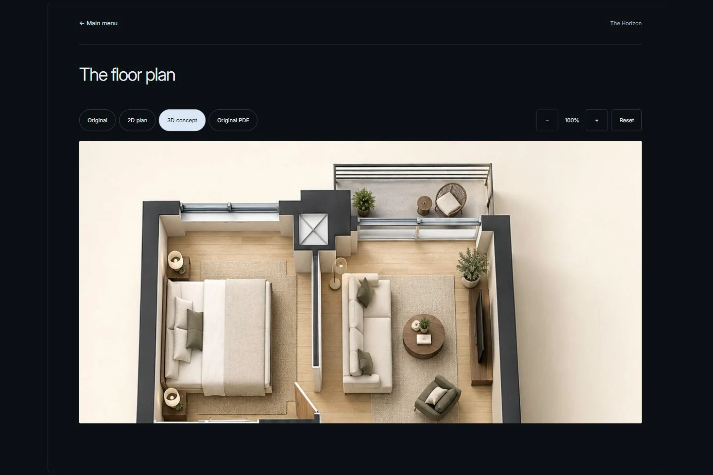 Actual Arcvist plan viewer showing an independently supplied 3D concept of the Horizon apartment