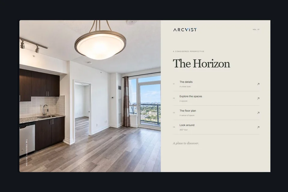The Horizon sample presentation with a room menu and interior photograph