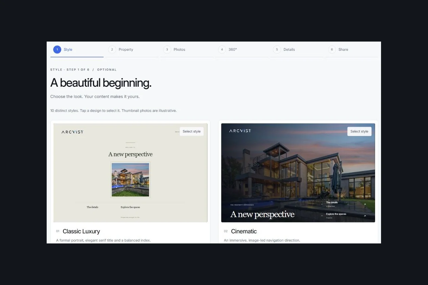 Arcvist’s visual template chooser showing selectable presentation menu designs