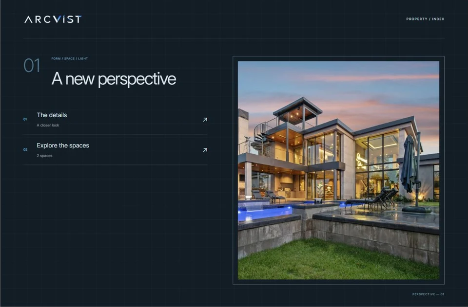 Architectural: Precise framing, geometric navigation and fine blueprint lines.