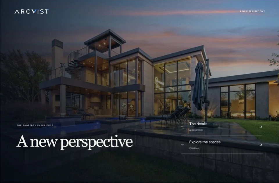 Cinematic: A full-width property photograph with a numbered menu over the scene.