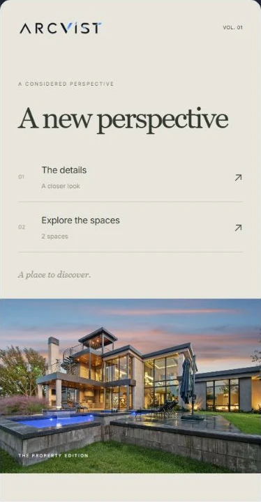 Actual Editorial menu at phone width, with the text index above its property photograph