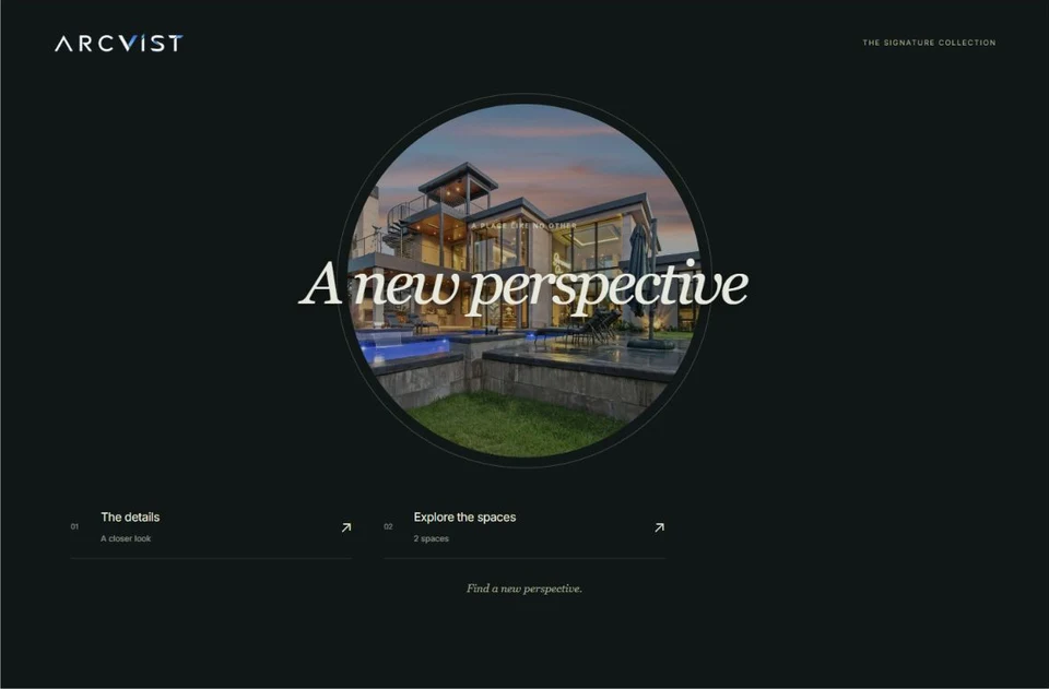 Signature: A circular property photograph with an italic serif title on deep green.